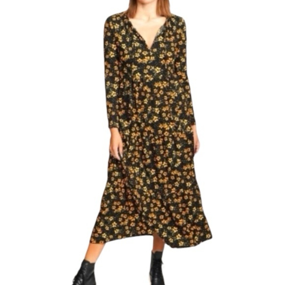 Free People Tiers of Joy Black Floral Prairie Maxi Dress L Boho Cottagecore